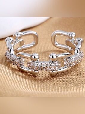 Western Horseshoe Ring Silver Crystal Accent Open Cuff Ring